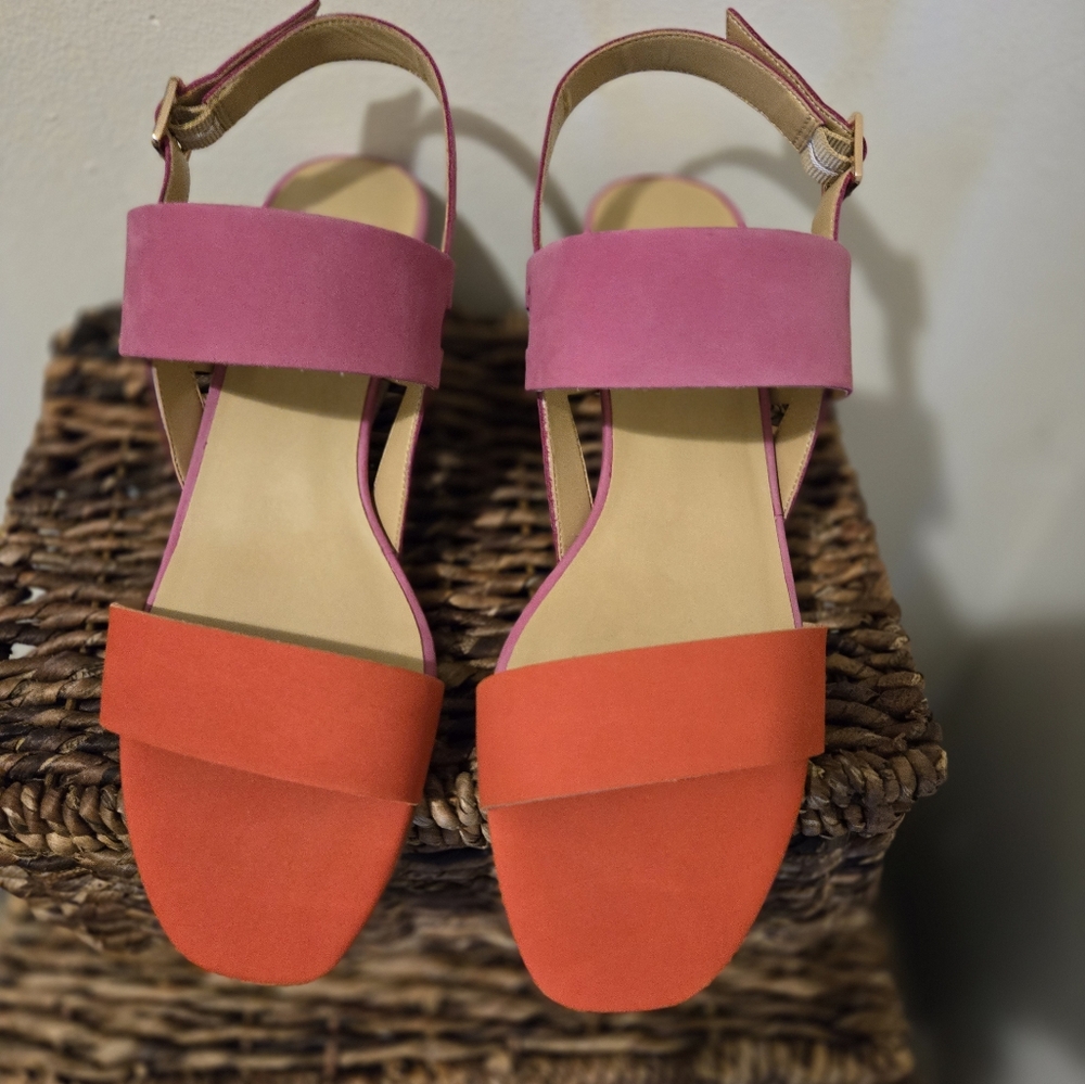 Vaneli two toned sandal with adjustable buckle & 2" angular stacked wooden heel.